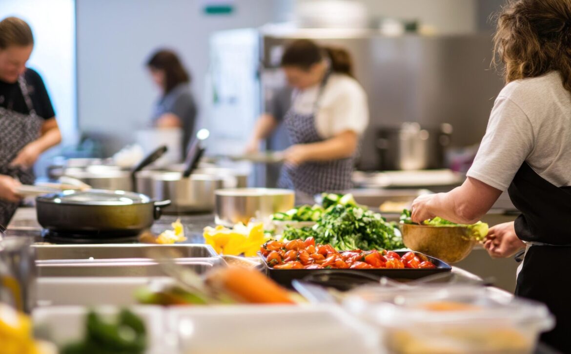 A chef in a white shirt and black apron prepares vegetables in a kitchen while other chefs cook in the background.